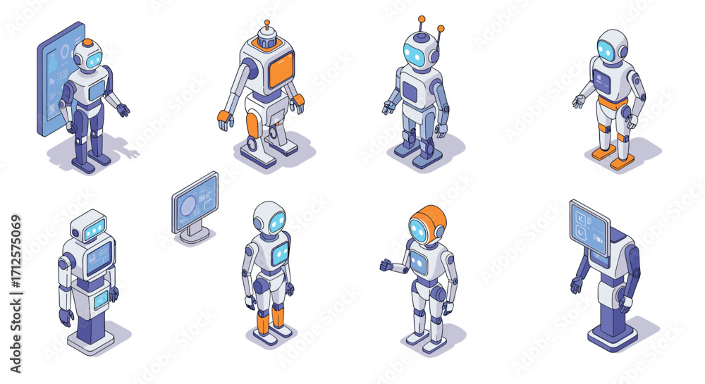 Fototapeta premium Futuristic isometric robots with ai features and technology elements