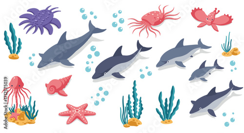 Playful ocean scene with dolphins, starfish, and colorful marine life in isometric style