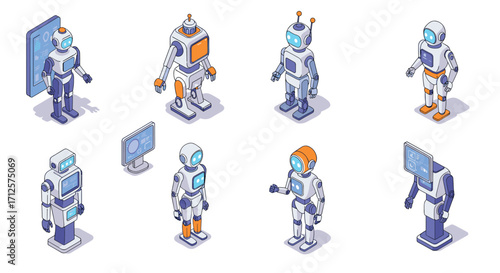 Futuristic isometric robots with ai features and technology elements