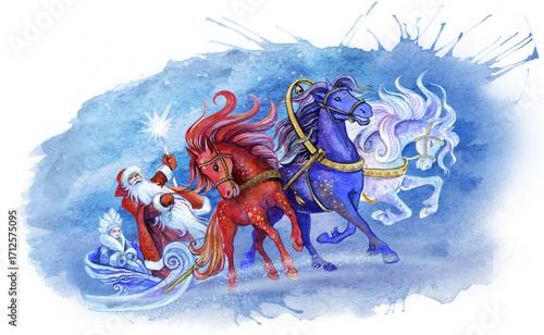 Santa Claus and Snow Maiden on a abstract watercolor splash background. Winter magic concept.