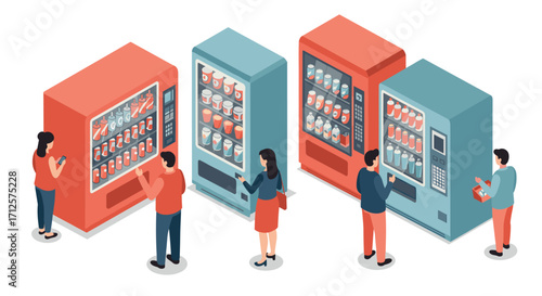 People selecting beverages from modern vending machines in isometric style