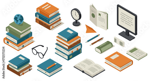 Isometric study essentials: books, computer, and stationery