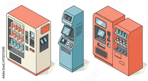 Isometric vending machines set with detailed design in retro colors