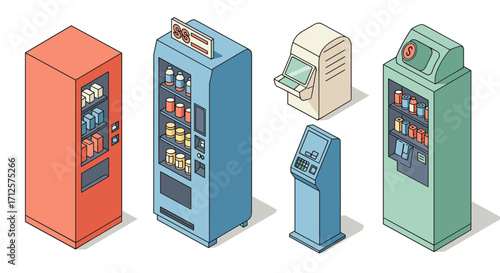 Isometric vending and payment machines in various colors and designs