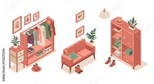 Cozy minimalist room interior with isometric furniture and decor
