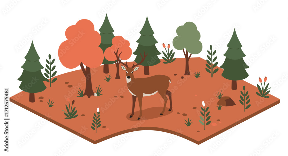 Naklejka premium Isometric deer in autumn forest with colorful trees and plants