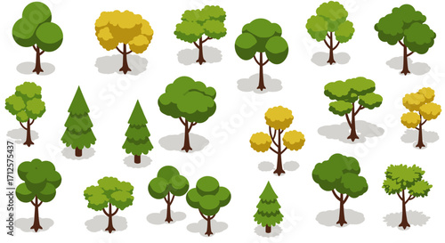 Collection of isometric trees in various shapes and shades of green and yellow