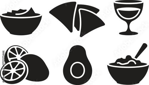 Mexican food icons avocado guacamole chips and wine glass silhouette