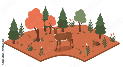 Isometric deer in autumn forest with colorful trees and plants