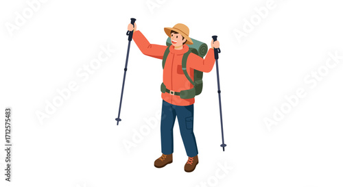 Hiker celebrating with raised poles in outdoor adventure