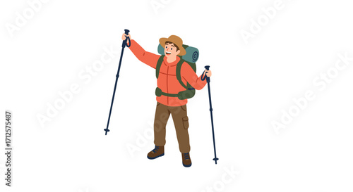 Smiling hiker with trekking poles and backpack on adventure