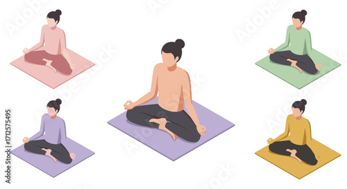 Isometric women practicing yoga on colorful mats in meditation pose