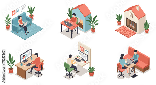 Cozy home office isometric set: remote work and online learning spaces with plants and modern desks