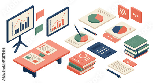 Isometric business data visualization with charts and documents