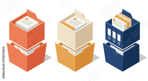 Isometric filing cabinets with documents in modern office colors