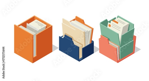 Colorful isometric file organizers with documents and folders on white background