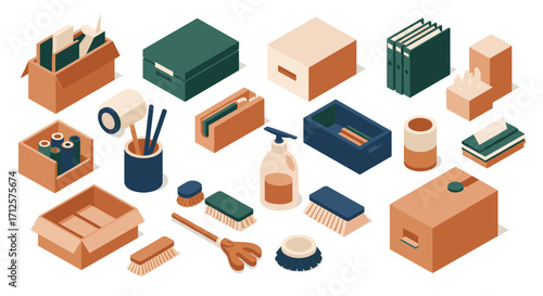 Isometric office supplies and cleaning tools in minimalist style for modern organization