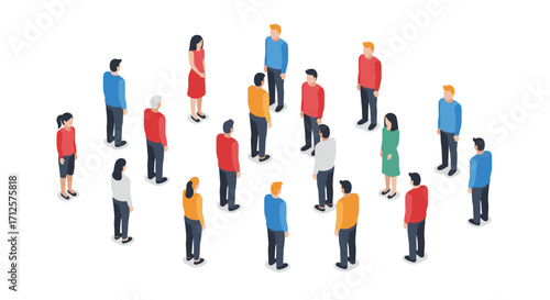 Diverse group of people standing in circles in isometric style