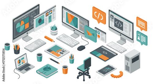 Isometric office workspace with computers and coding elements in modern layout