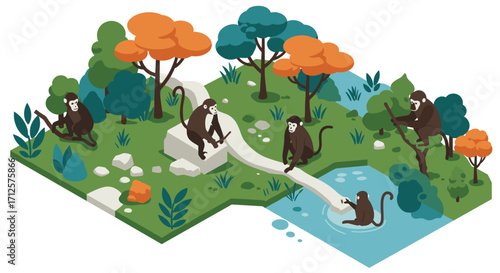 Playful monkeys in isometric tropical habitat with colorful foliage and stream