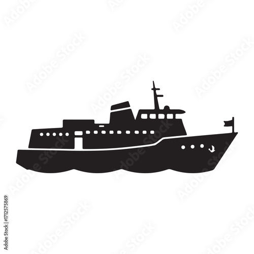 Black silhouette of a large passenger ferry boat traveling across the water on a white background vector illustration