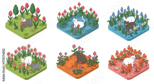 Charming cats exploring colorful seasonal gardens in isometric style