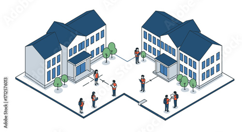 Isometric campus scene with students engaged in outdoor activities