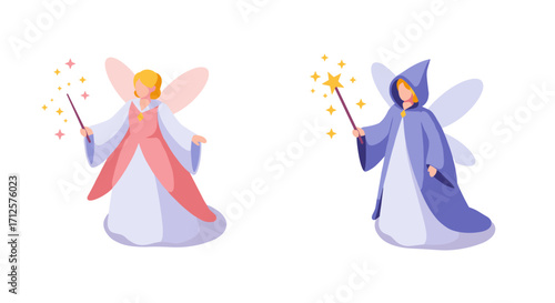 Whimsical magic: two fairies with wands and wings in vibrant pastel robes