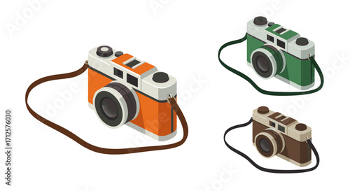 Retro isometric cameras with colorful bodies and leather straps