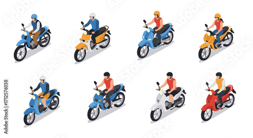 Isometric design of people riding scooters in various colors and styles