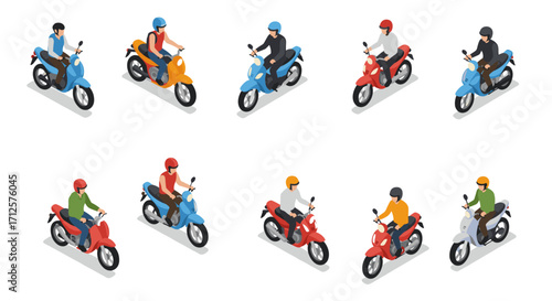 Isometric motorcyclists on colorful scooters with diverse riding styles
