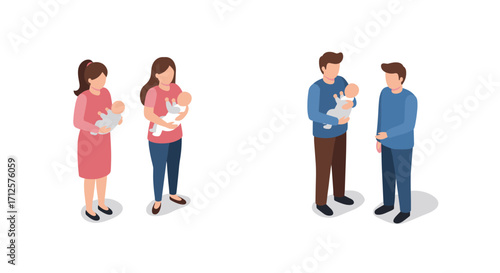 Families with babies in isometric style: parenting and childcare concepts