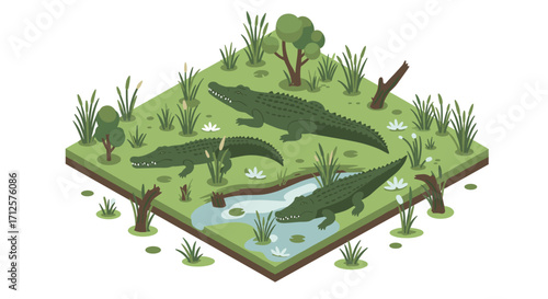 Isometric wetland scene with crocodiles in a lush green habitat