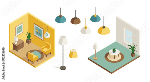 Isometric living room interior design with stylish lighting and modern furniture