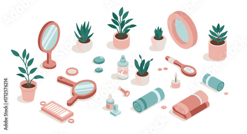 Isometric bathroom essentials with plants and accessories in soft pastel tones