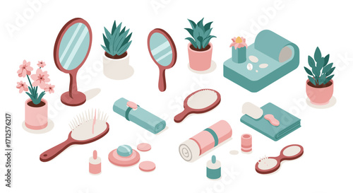 Isometric beauty essentials and spa decor with minimalist design elements