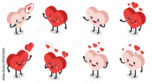 Adorable cartoon hearts expressing love and emotions in cute style