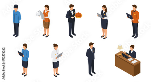 Isometric hotel staff characters in professional uniforms providing customer service