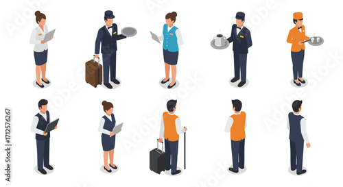 Isometric professionals in business attire engaged in hospitality tasks