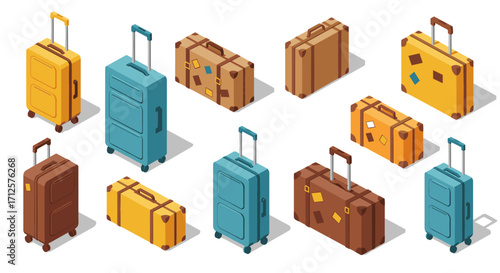 Isometric colorful luggage collection with retro and modern styles