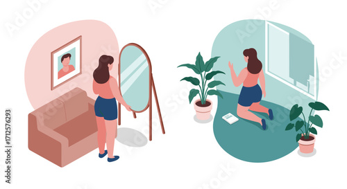 Isometric self-care scene: mirror reflection and meditation with houseplants