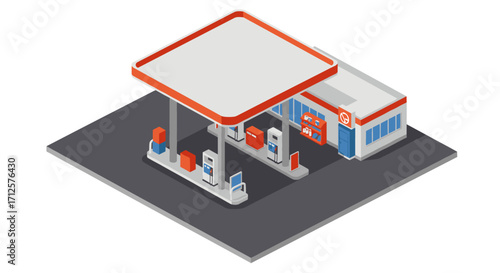 Isometric gas station with pumps and convenience store on grey background