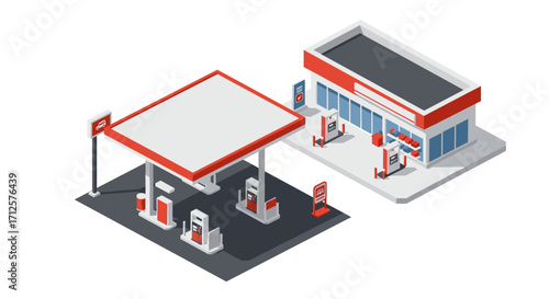 Modern isometric gas station with convenience store and fuel pumps