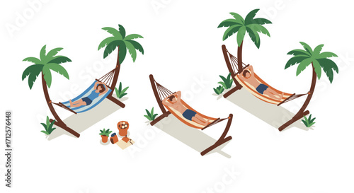 Relaxing in hammocks: isometric tropical oasis with palm trees and people