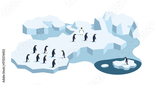 Isometric penguins on arctic ice with icebergs and water patches
