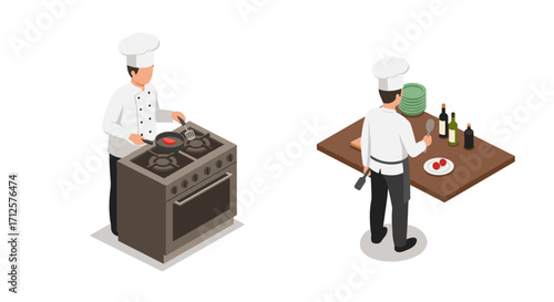 Isometric chef cooking and preparing food in professional kitchen scene