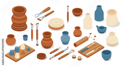 Isometric pottery tools and clay vases on white background