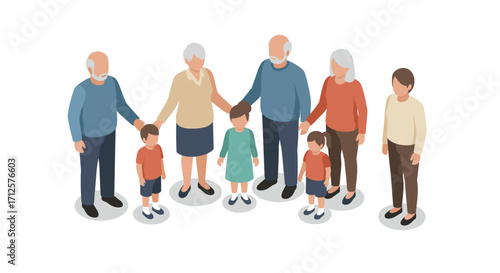 Isometric depiction of multigenerational family gathering with grandparents and children