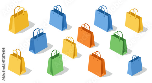Colorful isometric shopping bags pattern for retail and fashion design projects