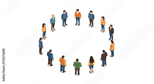 Diverse group of people standing in a circle isometric style on white background